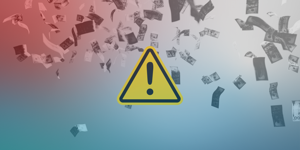 Dollar bills falling with a caution sign to describe a federal fraud case.