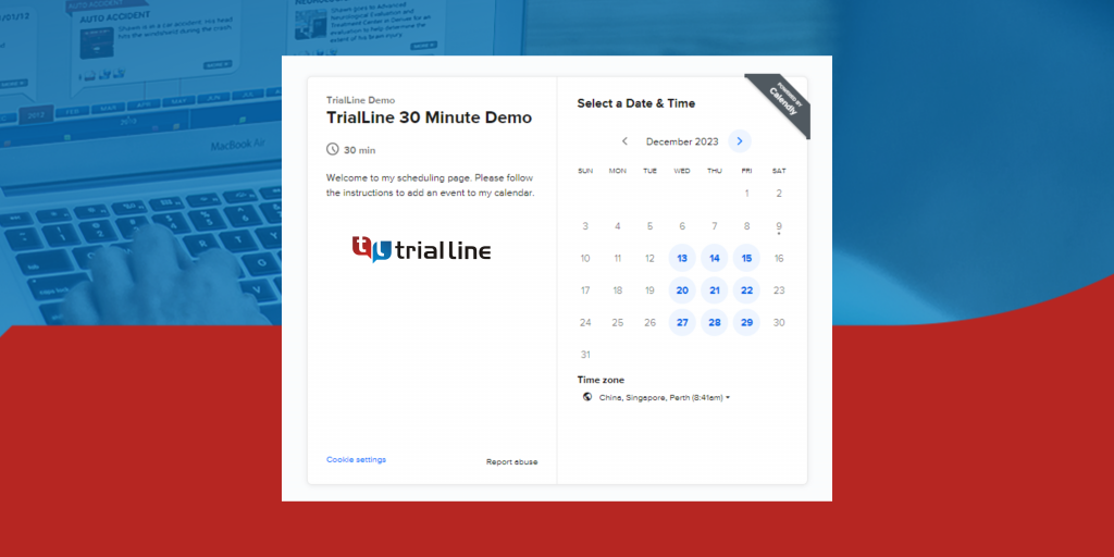 A scheduling calendar for a demo for TrialLine as a case management software.
