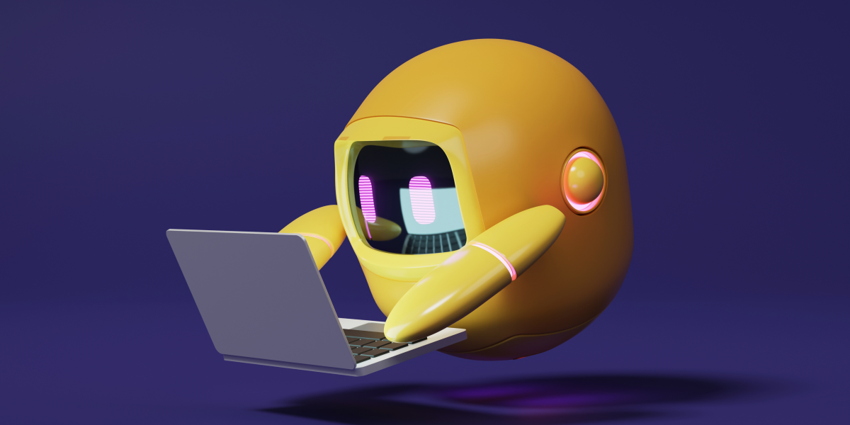 A yellow robot holding a computer, a symbol for the growing use of AI and is now integrated in legal technology.