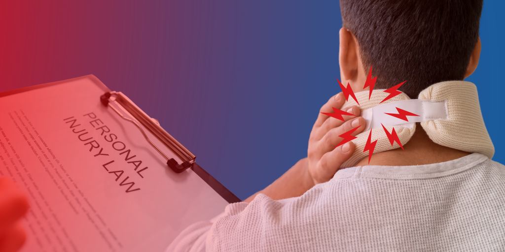 A man with a neckbrace and a copy of the personal injury law, describing personal injuy cases.